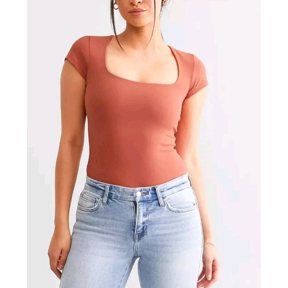 FREE PEOPLE Womens Large SQUARE EYES Thong Bodysuit‎ Stretch Orange Short Sleeve